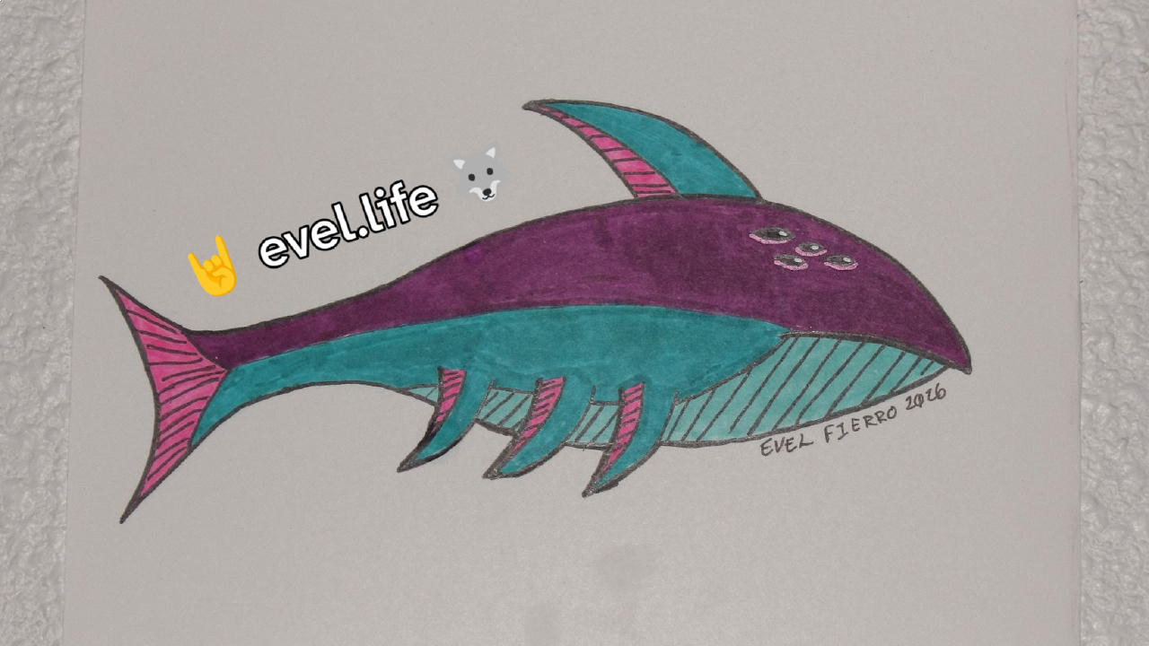 Photo of a sketch that depicts a monster-y shark in profile, in a sort of pastel eldritch style. It has four eyes and three fins. It is predominently purples, blues and pinks. It looks kinda grumpy