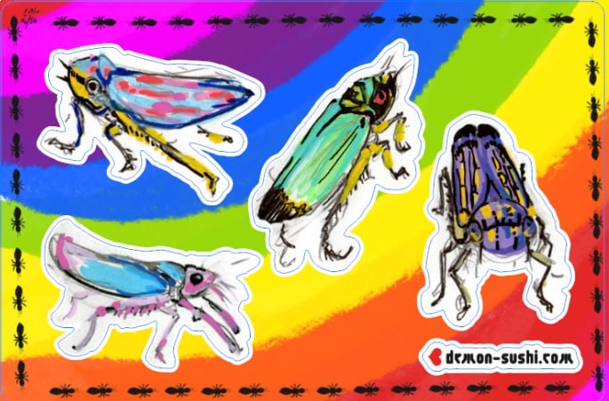 a little rainbow card of four bug stickers, leafhoppers sporting pride colors