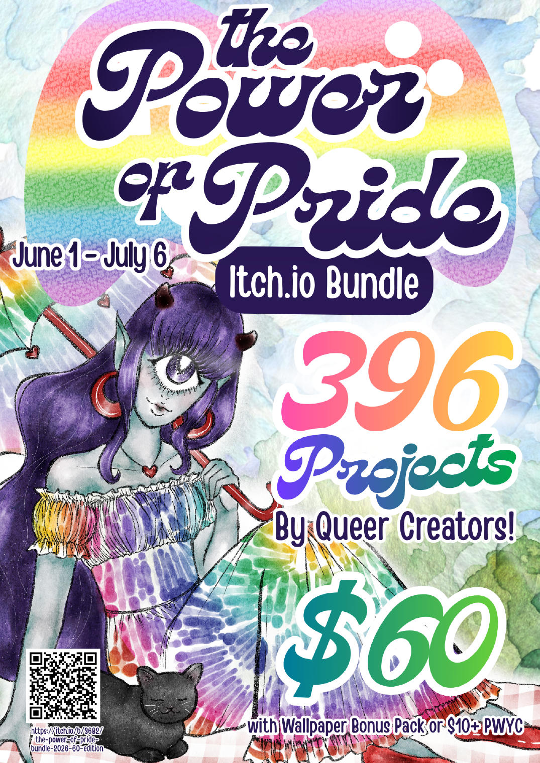 Graphic saying The Power Of Pride Bundle! June 1 to 6 July. 396 Projects by Queer Creators! There is also a drawing of a person with one eye, two horns is their head, long slightly wavy hair, wearing a long rainbow dress and smiling with a small black cat sitting next to them